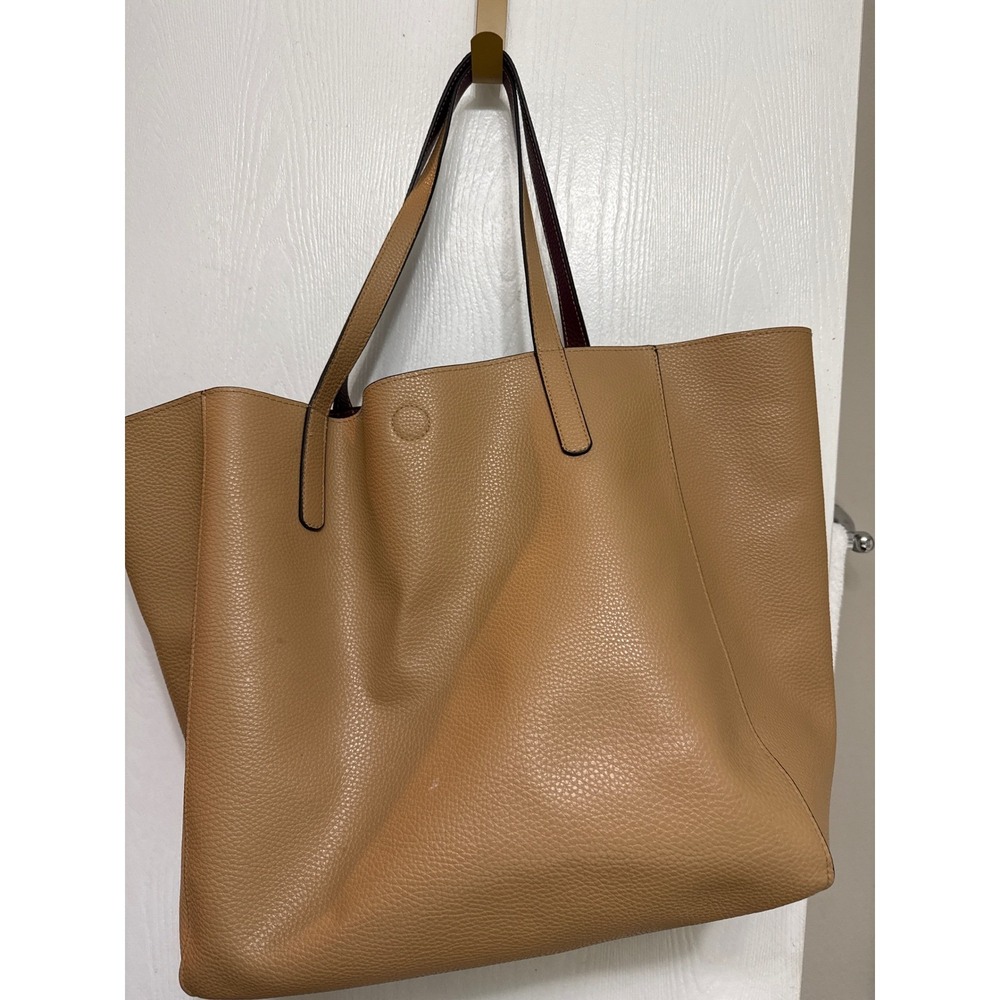 Tan Pebbled Faux Leather Tote Bag Large Shoulder Carryall Burgundy Interior